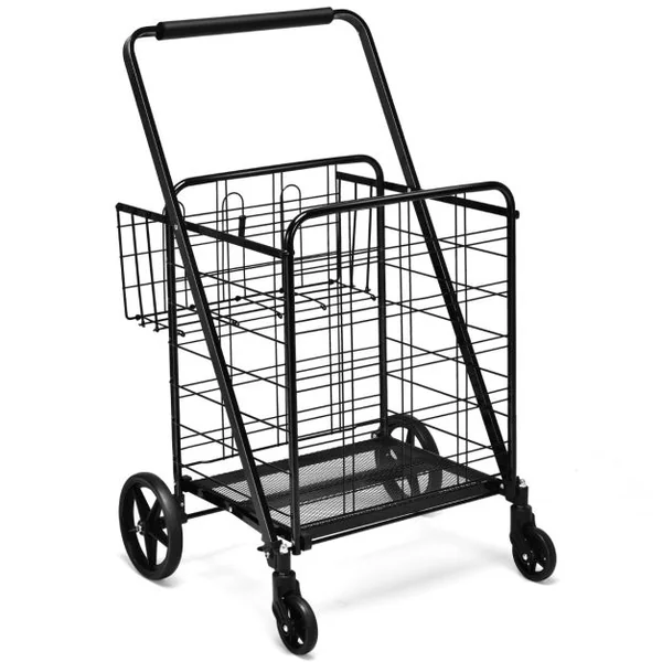 Chariot de Courses Pliable Chariot à Double Panier Roues Pivotantes à 360° Chariot Grande Capacité Base en treillis Métallique Noir