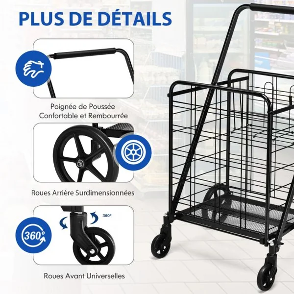 Chariot de Courses Pliable Chariot à Double Panier Roues Pivotantes à 360° Chariot Grande Capacité Base en treillis Métallique Noir