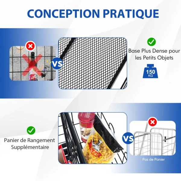 Chariot de Courses Pliable Chariot à Double Panier Roues Pivotantes à 360° Chariot Grande Capacité Base en treillis Métallique Noir