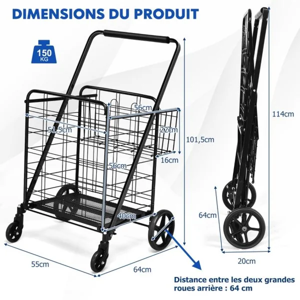 Chariot de Courses Pliable Chariot à Double Panier Roues Pivotantes à 360° Chariot Grande Capacité Base en treillis Métallique Noir