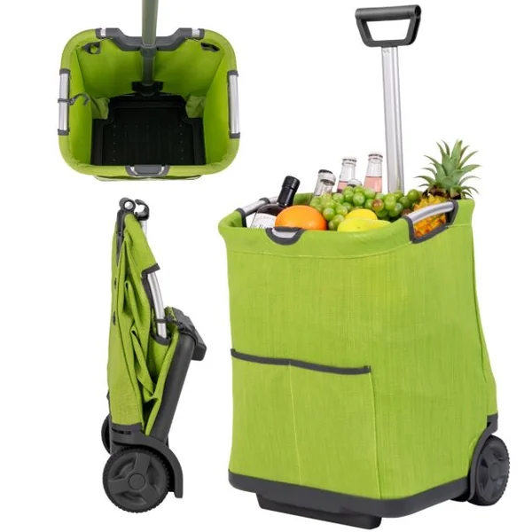 Chariot de Courses Pliable de 50L Chariot Utilitaire Portable avec 3 Poches Poignée Rétractable Cadre en Aluminium Robuste Vert