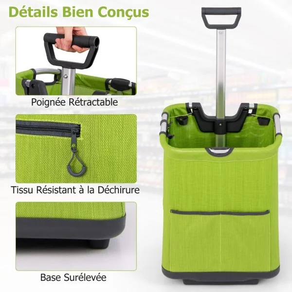 Chariot de Courses Pliable de 50L Chariot Utilitaire Portable avec 3 Poches Poignée Rétractable Cadre en Aluminium Robuste Vert