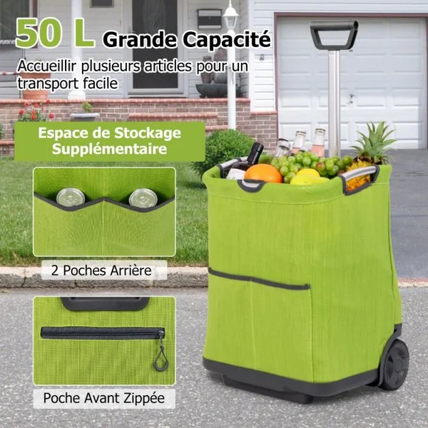 Chariot de Courses Pliable de 50L Chariot Utilitaire Portable avec 3 Poches Poignée Rétractable Cadre en Aluminium Robuste Vert