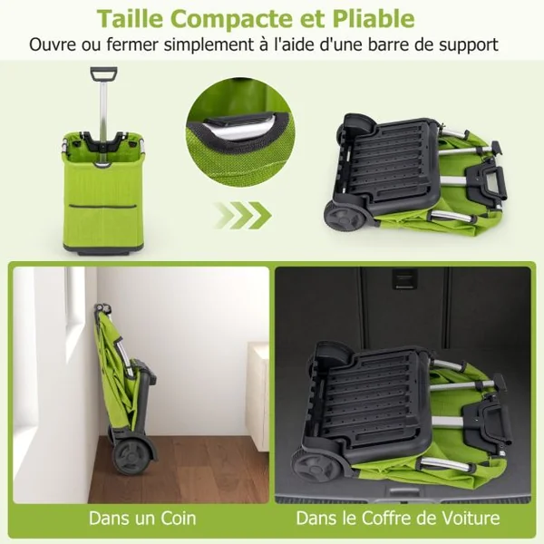 Chariot de Courses Pliable de 50L Chariot Utilitaire Portable avec 3 Poches Poignée Rétractable Cadre en Aluminium Robuste Vert