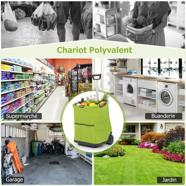 Chariot de Courses Pliable de 50L Chariot Utilitaire Portable avec 3 Poches Poignée Rétractable Cadre en Aluminium Robuste Vert