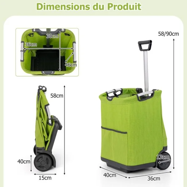 Chariot de Courses Pliable de 50L Chariot Utilitaire Portable avec 3 Poches Poignée Rétractable Cadre en Aluminium Robuste Vert