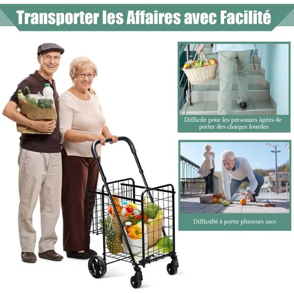 Chariot de Courses Pliable en Acier à 4 Roues avec Double Panier Caddie de Courses Poignée Réglable Idéal pour Mobilité Noir/Argent