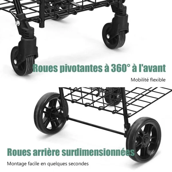 Chariot de Courses Pliable en Acier à 4 Roues avec Double Panier Caddie de Courses Poignée Réglable Idéal pour Mobilité Noir/Argent