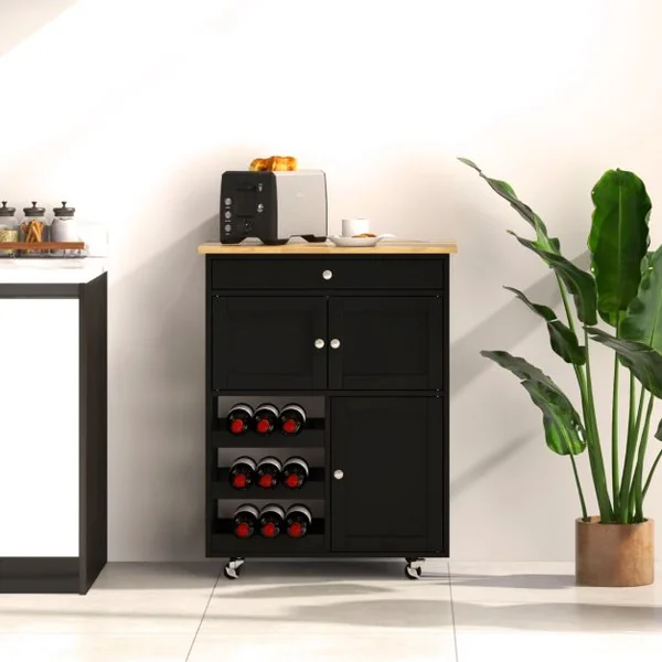 Chariot de Cuisine Desserte de Service à roulettes Meuble de Rangement Cuisine en MDF Solide de Haute Qualité 67 x 37 x 86,5 cm Noir