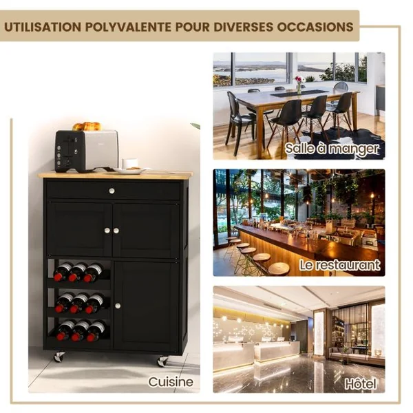 Chariot de Cuisine Desserte de Service à roulettes Meuble de Rangement Cuisine en MDF Solide de Haute Qualité 67 x 37 x 86,5 cm Noir