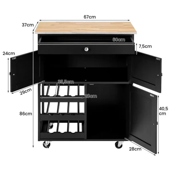 Chariot de Cuisine Desserte de Service à roulettes Meuble de Rangement Cuisine en MDF Solide de Haute Qualité 67 x 37 x 86,5 cm Noir