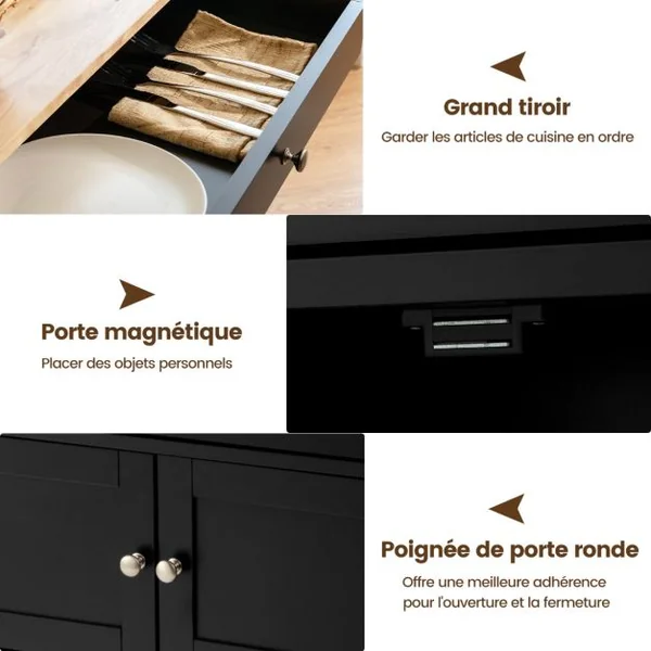 Chariot de Cuisine Desserte de Service à roulettes Meuble de Rangement Cuisine en MDF Solide de Haute Qualité 67 x 37 x 86,5 cm Noir