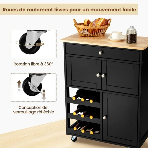 Chariot de Cuisine Desserte de Service à roulettes Meuble de Rangement Cuisine en MDF Solide de Haute Qualité 67 x 37 x 86,5 cm Noir