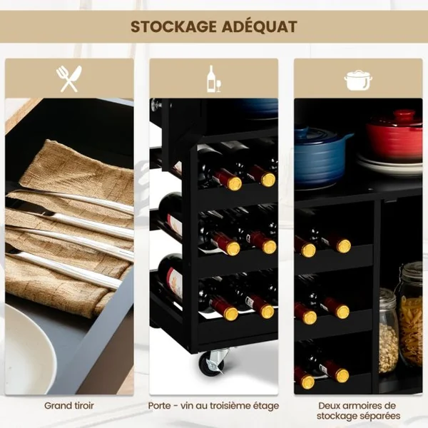 Chariot de Cuisine Desserte de Service à roulettes Meuble de Rangement Cuisine en MDF Solide de Haute Qualité 67 x 37 x 86,5 cm Noir