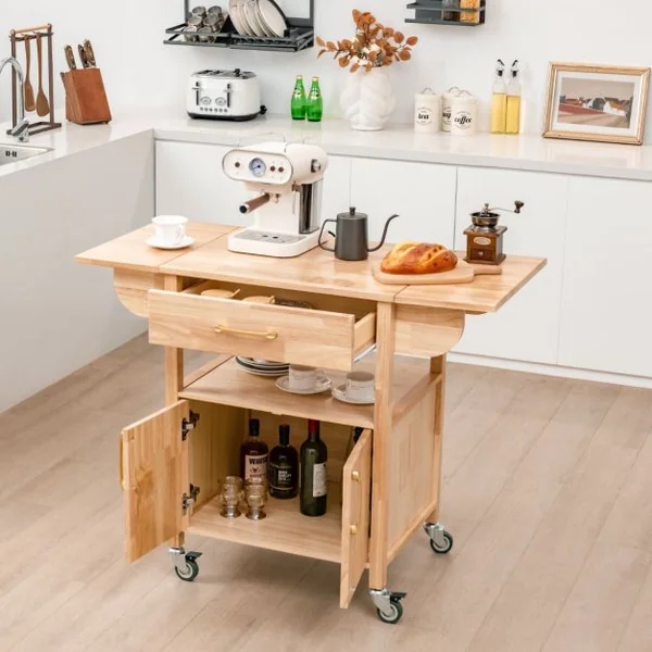 Chariot de Cuisine en Bois à Abattant Îlot de Cuisine Roulant avec Tiroir Armoire Étagère Ouverte à Roulettes 114 x 68,5 x 88 cm Naturel