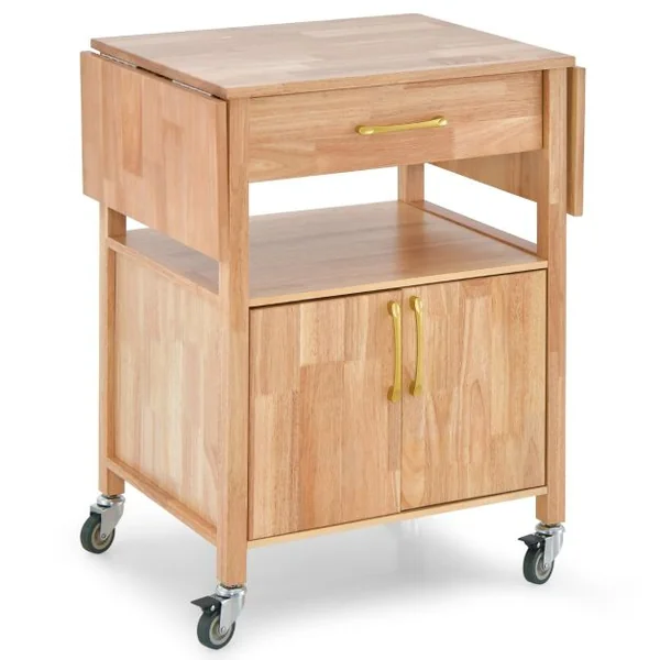 Chariot de Cuisine en Bois à Abattant Îlot de Cuisine Roulant avec Tiroir Armoire Étagère Ouverte à Roulettes 114 x 68,5 x 88 cm Naturel