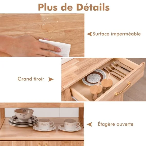 Chariot de Cuisine en Bois à Abattant Îlot de Cuisine Roulant avec Tiroir Armoire Étagère Ouverte à Roulettes 114 x 68,5 x 88 cm Naturel