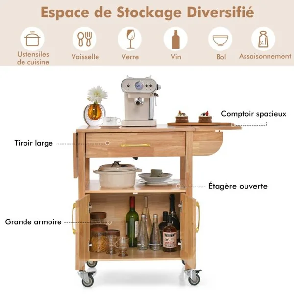 Chariot de Cuisine en Bois à Abattant Îlot de Cuisine Roulant avec Tiroir Armoire Étagère Ouverte à Roulettes 114 x 68,5 x 88 cm Naturel