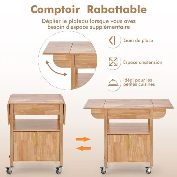 Chariot de Cuisine en Bois à Abattant Îlot de Cuisine Roulant avec Tiroir Armoire Étagère Ouverte à Roulettes 114 x 68,5 x 88 cm Naturel