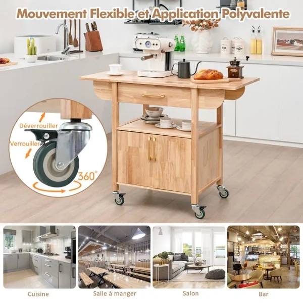 Chariot de Cuisine en Bois à Abattant Îlot de Cuisine Roulant avec Tiroir Armoire Étagère Ouverte à Roulettes 114 x 68,5 x 88 cm Naturel
