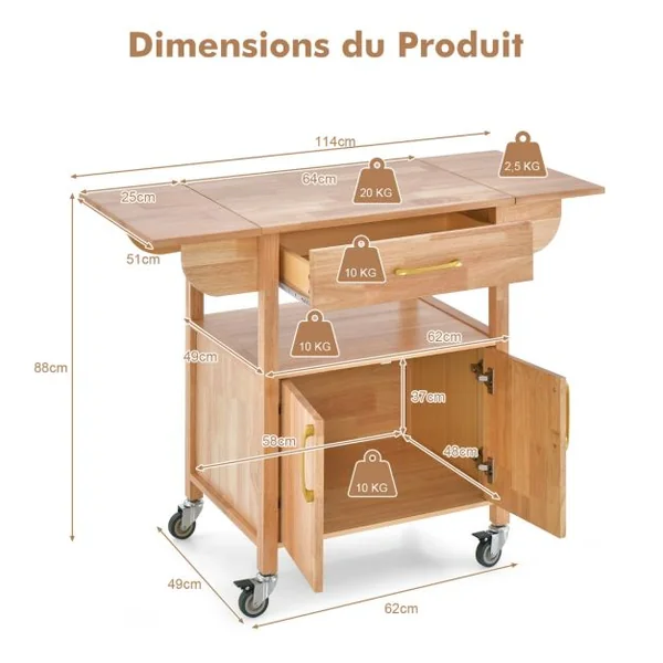Chariot de Cuisine en Bois à Abattant Îlot de Cuisine Roulant avec Tiroir Armoire Étagère Ouverte à Roulettes 114 x 68,5 x 88 cm Naturel