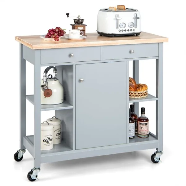 Chariot de Cuisine Mobile Ilot de Cuisine Roulant Plateau en Bois d'Hévéa 4 Etagères Ouvertes 2 Tiroirs 1 Armoire Fermée Gris