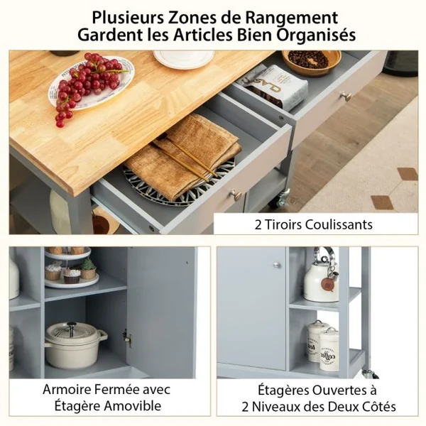 Chariot de Cuisine Mobile Ilot de Cuisine Roulant Plateau en Bois d'Hévéa 4 Etagères Ouvertes 2 Tiroirs 1 Armoire Fermée Gris