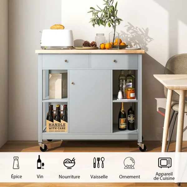 Chariot de Cuisine Mobile Ilot de Cuisine Roulant Plateau en Bois d'Hévéa 4 Etagères Ouvertes 2 Tiroirs 1 Armoire Fermée Gris