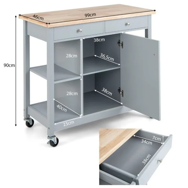 Chariot de Cuisine Mobile Ilot de Cuisine Roulant Plateau en Bois d'Hévéa 4 Etagères Ouvertes 2 Tiroirs 1 Armoire Fermée Gris