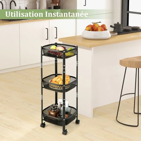 Chariot de Cuisine Pliable à 3 Niveaux Desserte de Rangement en Métal avec 2 Roues Verrouillables pour Salon/Chambre/Bureau