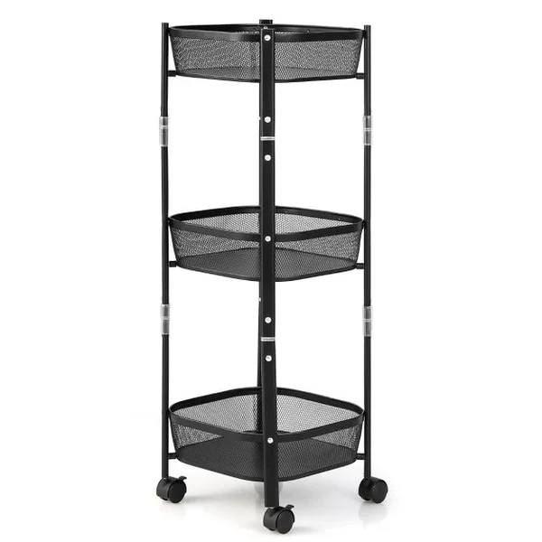 Chariot de Cuisine Pliable à 3 Niveaux Desserte de Rangement en Métal avec 2 Roues Verrouillables pour Salon/Chambre/Bureau