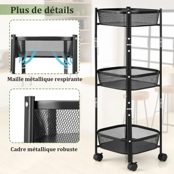 Chariot de Cuisine Pliable à 3 Niveaux Desserte de Rangement en Métal avec 2 Roues Verrouillables pour Salon/Chambre/Bureau