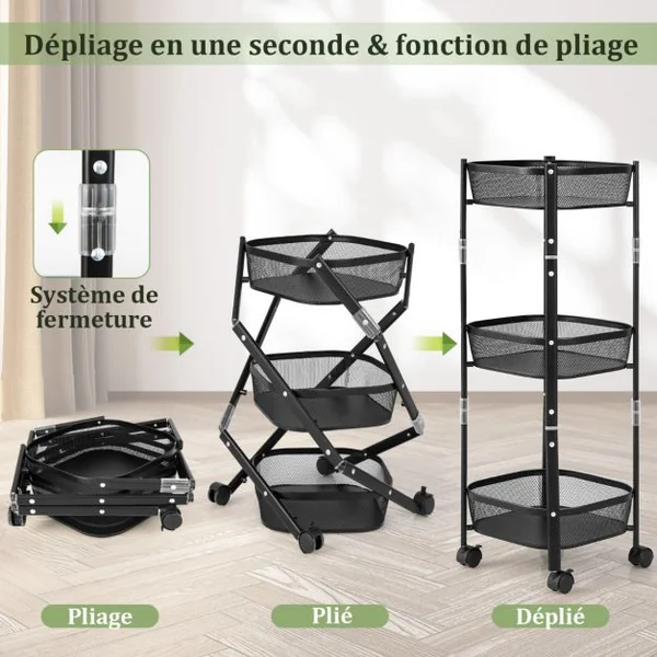 Chariot de Cuisine Pliable à 3 Niveaux Desserte de Rangement en Métal avec 2 Roues Verrouillables pour Salon/Chambre/Bureau