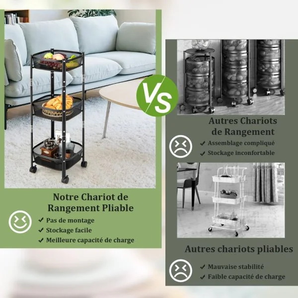 Chariot de Cuisine Pliable à 3 Niveaux Desserte de Rangement en Métal avec 2 Roues Verrouillables pour Salon/Chambre/Bureau