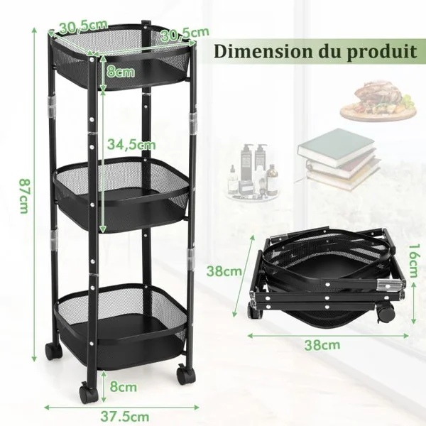 Chariot de Cuisine Pliable à 3 Niveaux Desserte de Rangement en Métal avec 2 Roues Verrouillables pour Salon/Chambre/Bureau