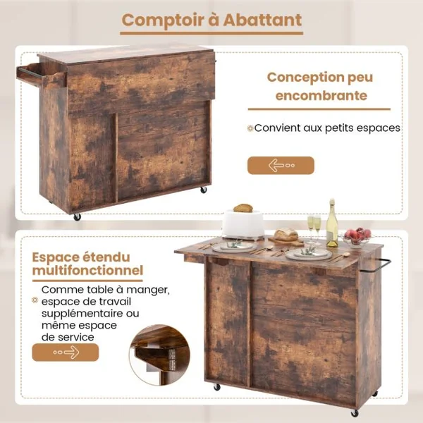 Chariot de Cuisine Roulant avec Abattant Chariot d’Îlot Casier à Vin Porte-verres Porte-serviettes Porte-épices Station Marron Rustique