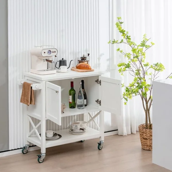 Chariot de Cuisine Roulant avec Armoire de Rangement Îlot de Cuisine Porte-serviettes et Porte-épices Plateau en Bois Chariot de Service Blanc