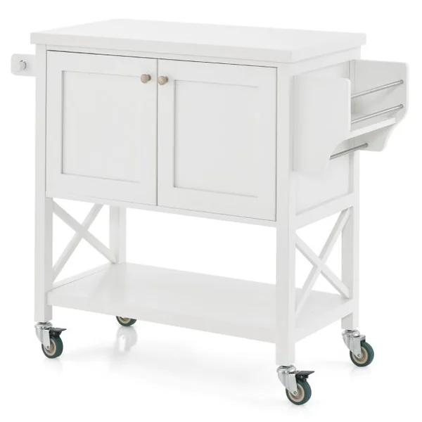 Chariot de Cuisine Roulant avec Armoire de Rangement Îlot de Cuisine Porte-serviettes et Porte-épices Plateau en Bois Chariot de Service Blanc