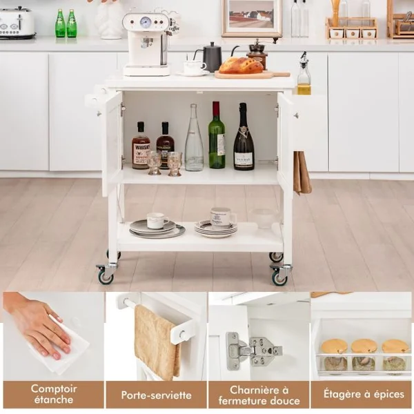 Chariot de Cuisine Roulant avec Armoire de Rangement Îlot de Cuisine Porte-serviettes et Porte-épices Plateau en Bois Chariot de Service Blanc