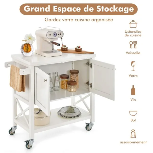 Chariot de Cuisine Roulant avec Armoire de Rangement Îlot de Cuisine Porte-serviettes et Porte-épices Plateau en Bois Chariot de Service Blanc