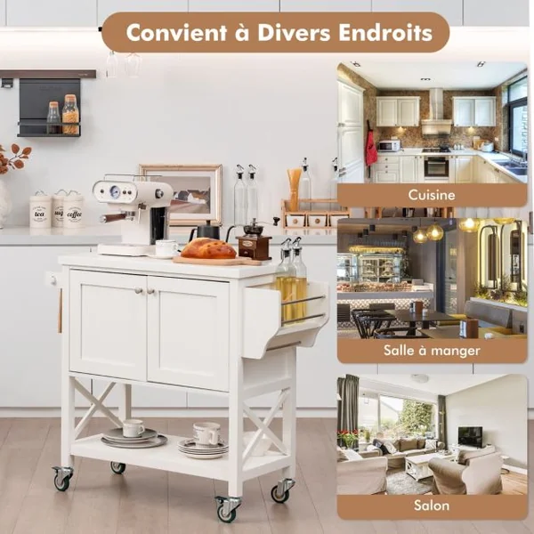 Chariot de Cuisine Roulant avec Armoire de Rangement Îlot de Cuisine Porte-serviettes et Porte-épices Plateau en Bois Chariot de Service Blanc