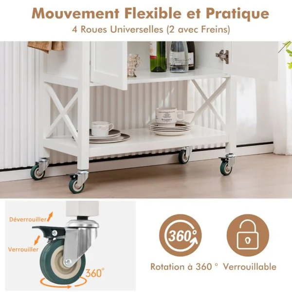 Chariot de Cuisine Roulant avec Armoire de Rangement Îlot de Cuisine Porte-serviettes et Porte-épices Plateau en Bois Chariot de Service Blanc
