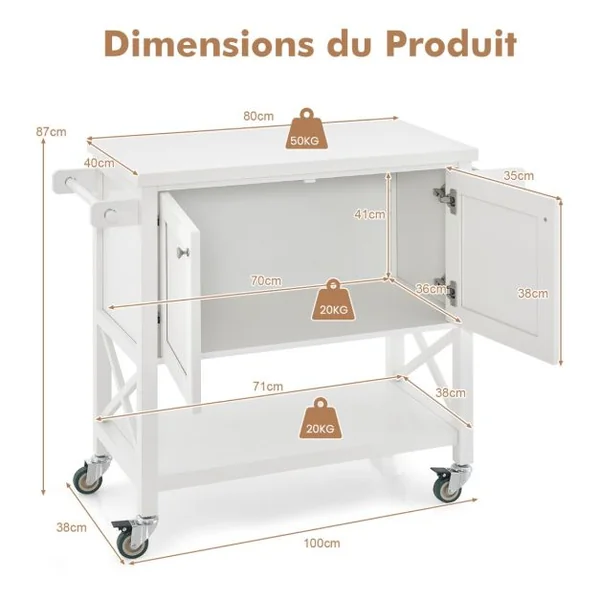 Chariot de Cuisine Roulant avec Armoire de Rangement Îlot de Cuisine Porte-serviettes et Porte-épices Plateau en Bois Chariot de Service Blanc