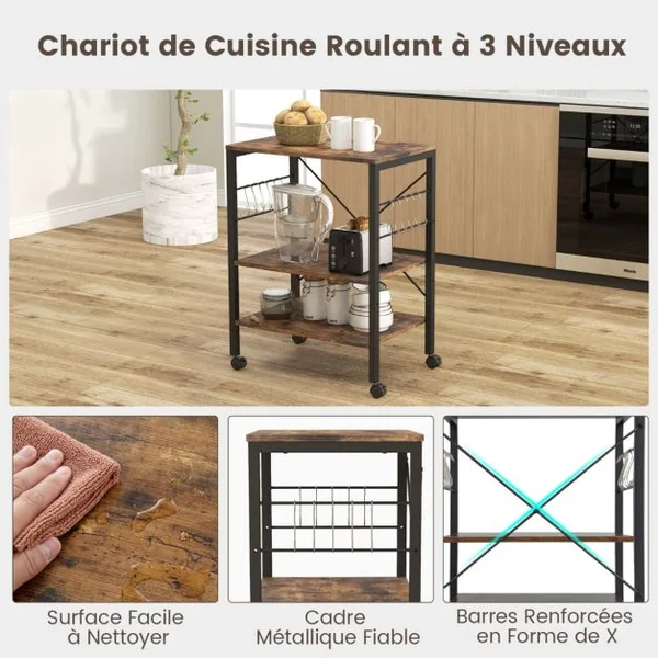 Chariot de Cuisine Roulant Chariot à Micro-ondes avec Étagères Réglables et 10 Crochets Amovibles Rangement Roulant pour Cuisine Salon Marron