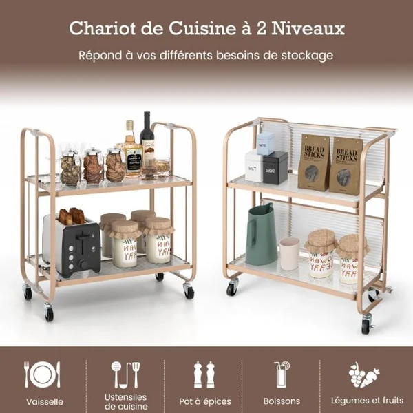 Chariot de Cuisine à 2 Niveaux Desserte à Roulettes Pliable avec Etagère en Verre Trempé pour Salle à Manger Bar Rose
