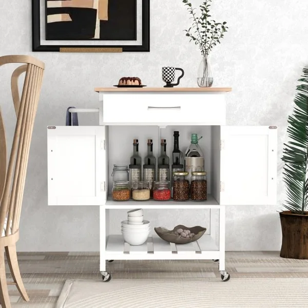 Chariot de Cuisine à Roulettes Chariot de Service Mobile Tiroir Armoire à 2 Portes Plateau Inférieur Porte-serviettes Blanc