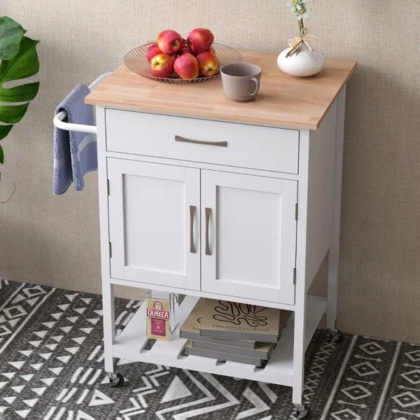 Chariot de Cuisine à Roulettes Chariot de Service Mobile Tiroir Armoire à 2 Portes Plateau Inférieur Porte-serviettes Blanc