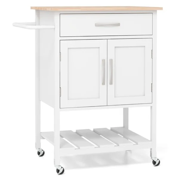 Chariot de Cuisine à Roulettes Chariot de Service Mobile Tiroir Armoire à 2 Portes Plateau Inférieur Porte-serviettes Blanc