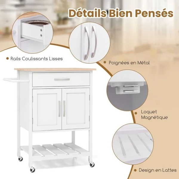 Chariot de Cuisine à Roulettes Chariot de Service Mobile Tiroir Armoire à 2 Portes Plateau Inférieur Porte-serviettes Blanc