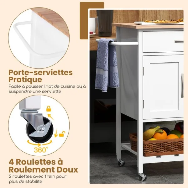 Chariot de Cuisine à Roulettes Chariot de Service Mobile Tiroir Armoire à 2 Portes Plateau Inférieur Porte-serviettes Blanc